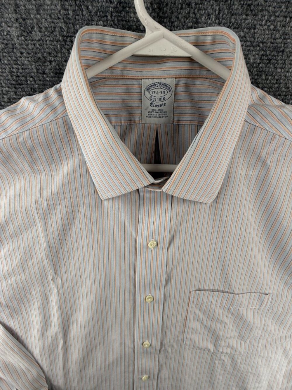 Brooks Brothers Blue Orange Classic Striped Non-Iron Cotton 17.5 34 Pocket Men